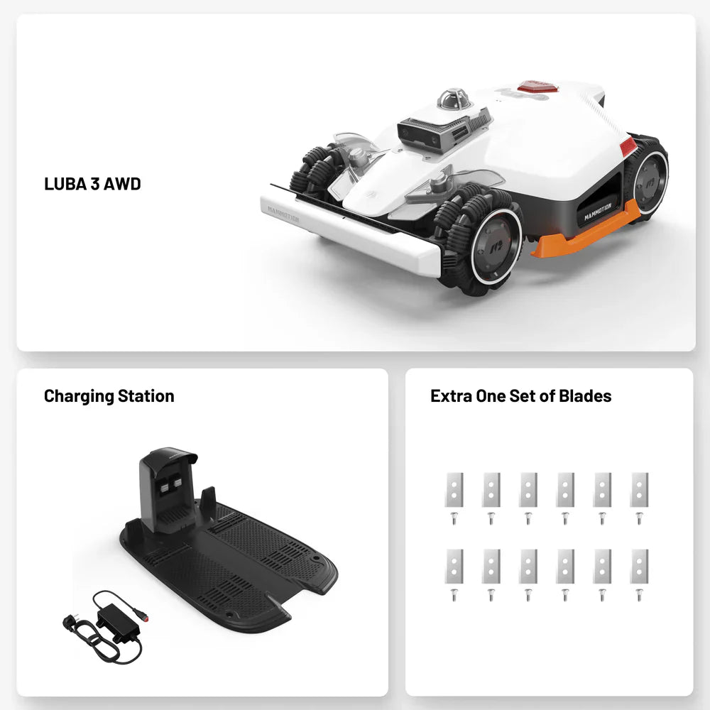 Mammotion Luba 3 10000X AWD LiDAR & RTK robottiruohonleikkuri pakkaus sisaltaa