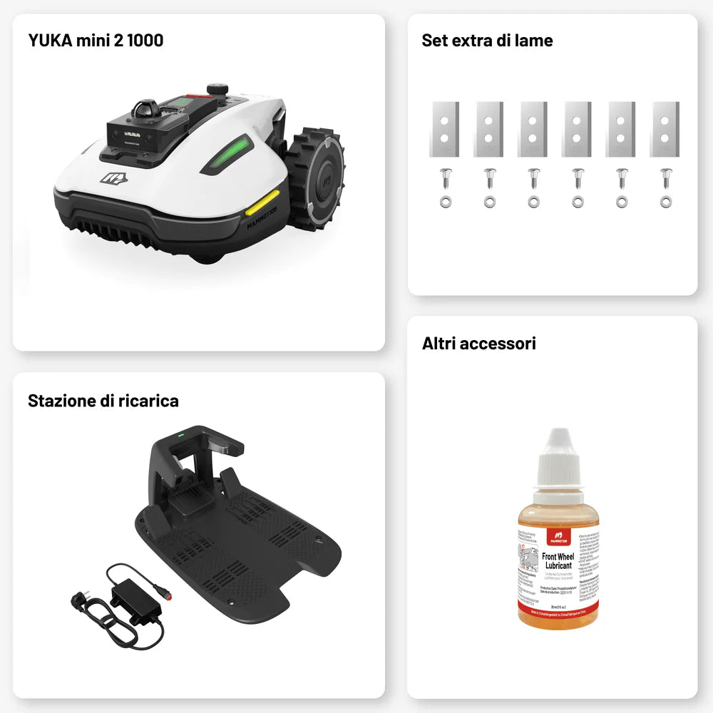 Mammotion Yuka mini 2 1000 robottiruohonleikkuri pakkaus sisaltaa