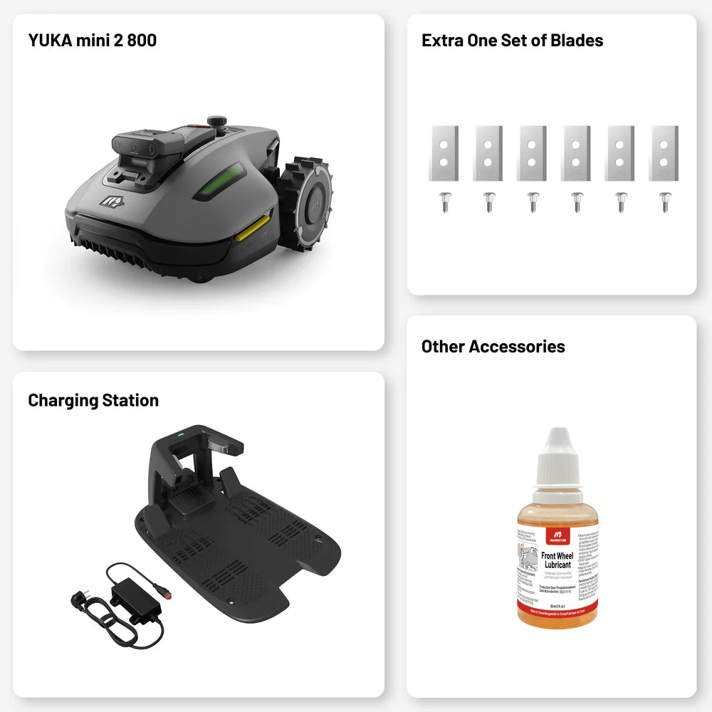 Mammotion Yuka mini 2 800 robottiruohonleikkuri pakkaus sisaltaa